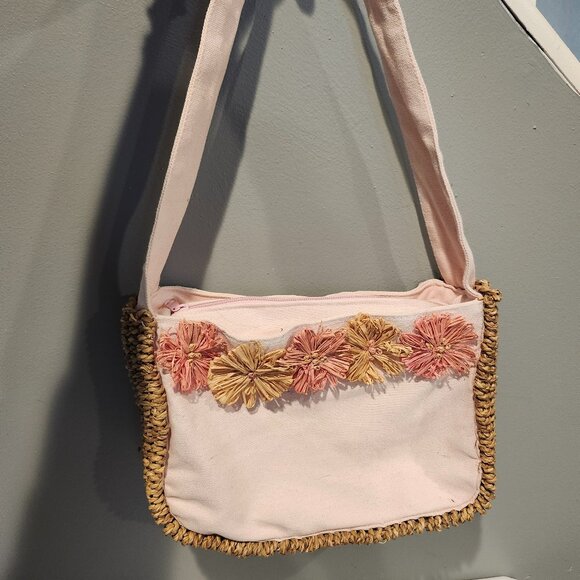 Vintage Purse Woven Rattan Sides Bottom Rattan Straw Flowers Pink Cotton... - Picture 1 of 6